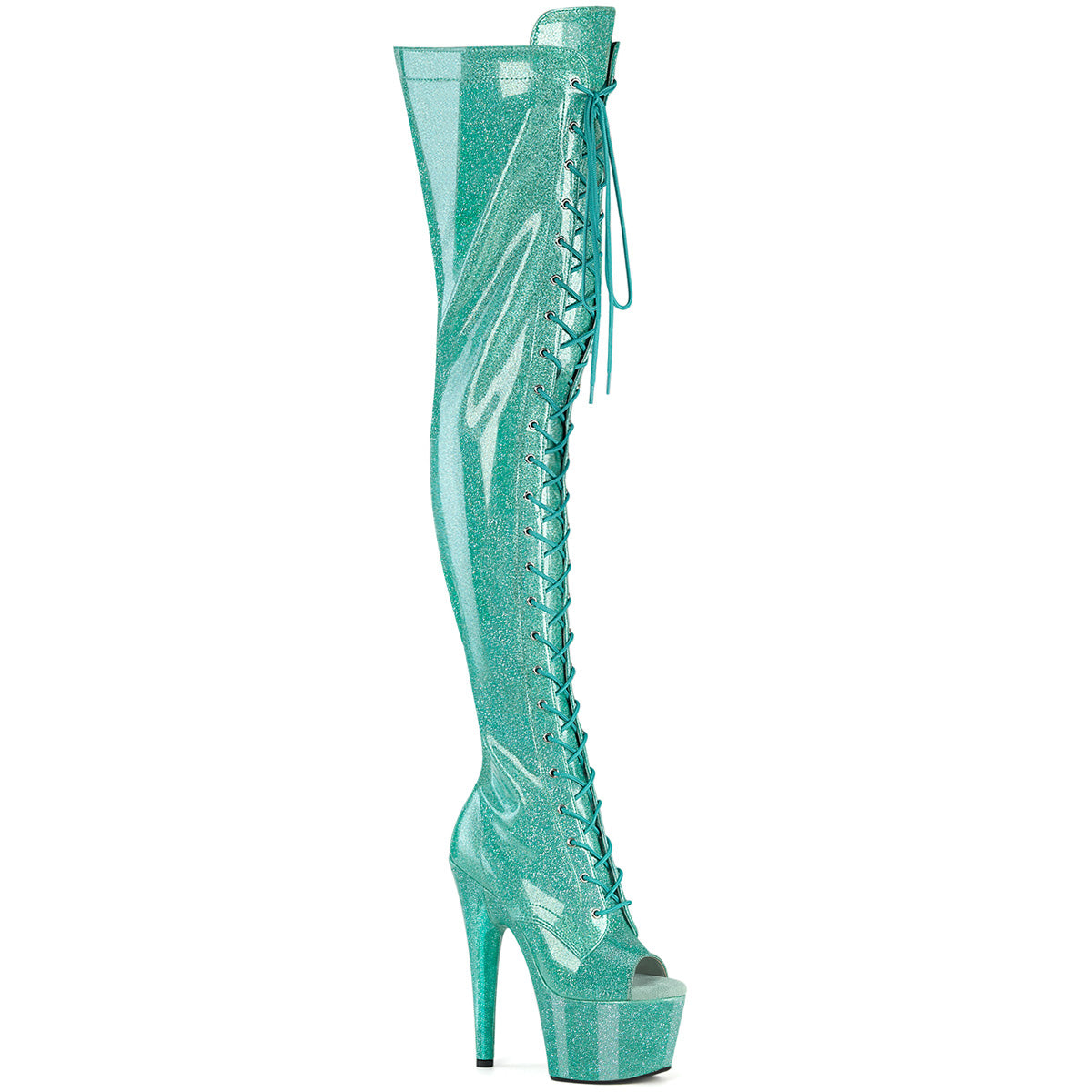 17cm/7inch Ultra-High Heel Platform Peep-Toe Over-the-Knee Boots, Sequin Lace-Up Pole Dance Boots — Pole with me.