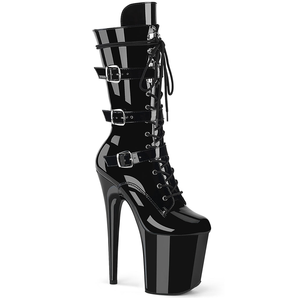 20CM/8inch High Heel Platform Mid Calf Boots, Lace-Up Multi Buckle Stiletto Pole Dance Boots.
