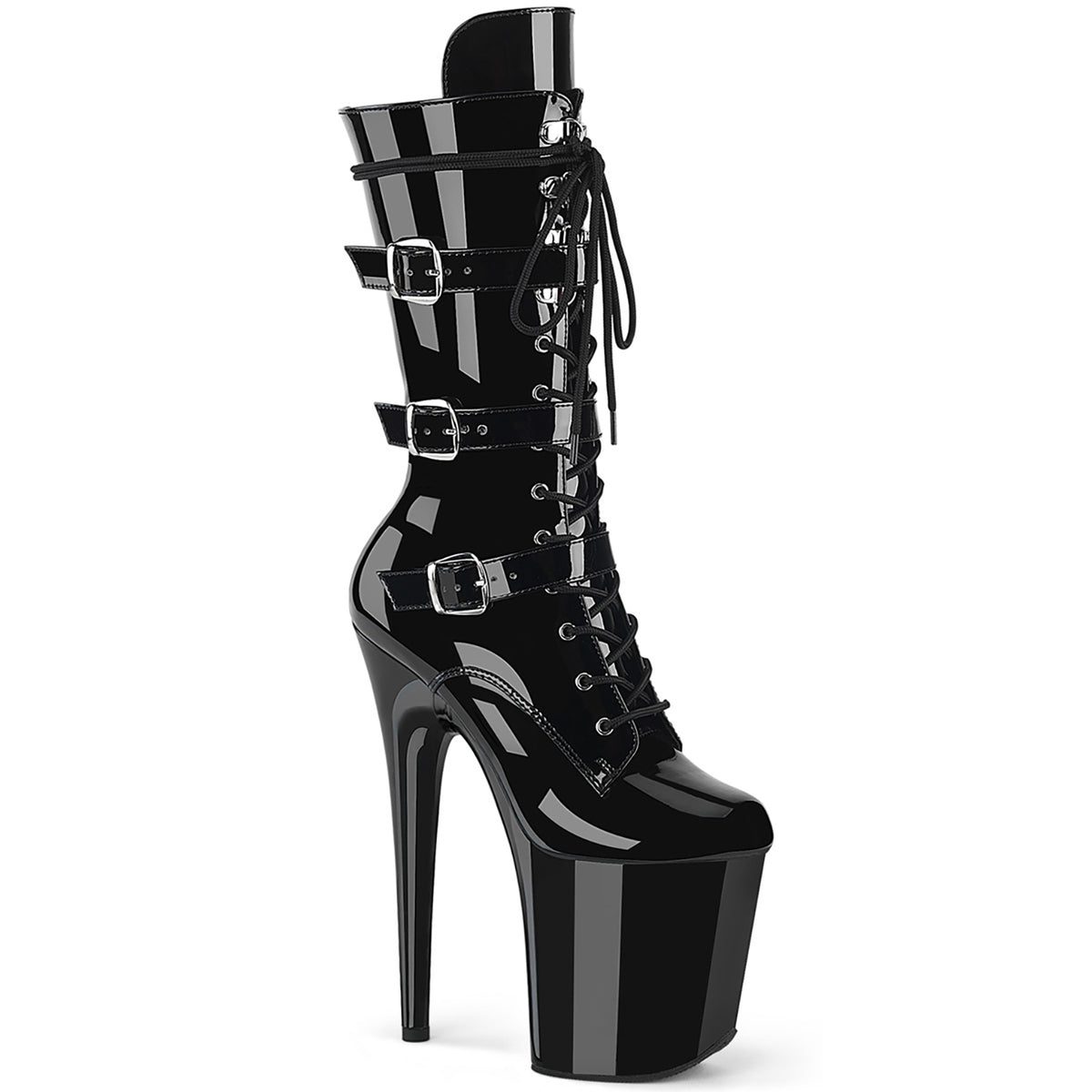20CM/8inch High Heel Platform Mid Calf Boots, Lace-Up Multi Buckle Stiletto Pole Dance Boots.